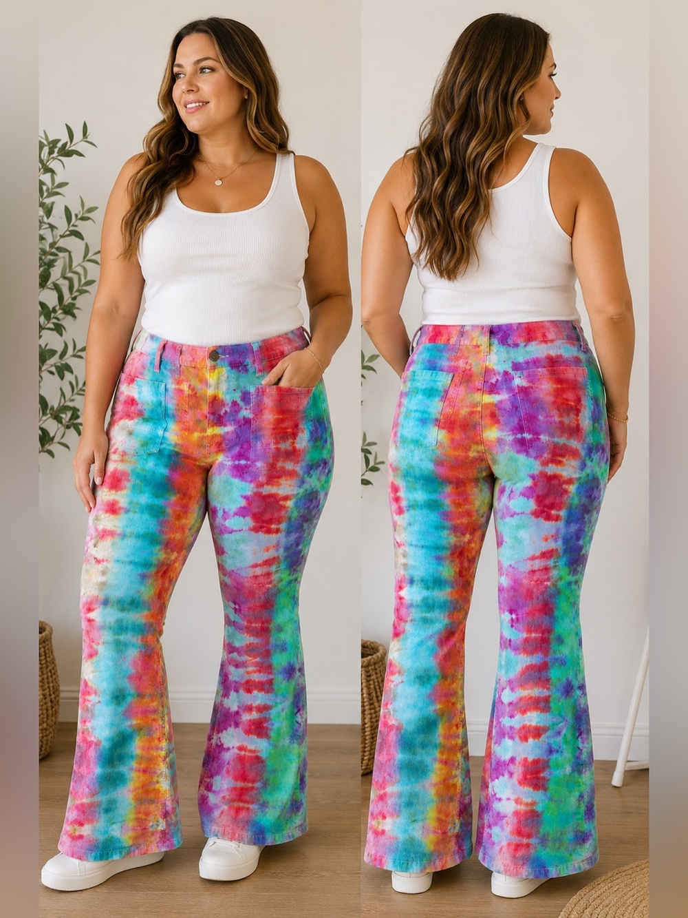 GAP High Rise ’70s Flare Corduroy Pants Size 32 / 14 Long Rainbow Tie Dye